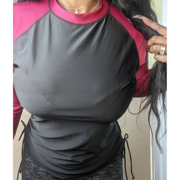 Long Sleeve UPF 50 Shirt Magenta Black Ruched Top - Picture 3 of 5